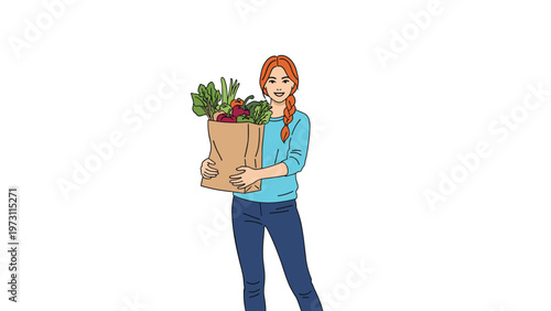 Cheerful young woman with red hair braid holds a brown paper bag filled with fresh healthy vegetables and greens.