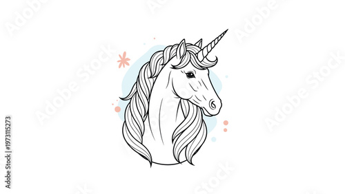 Graceful unicorn head line art with flowing mane and spiral horn is framed by soft colorful abstract background elements.