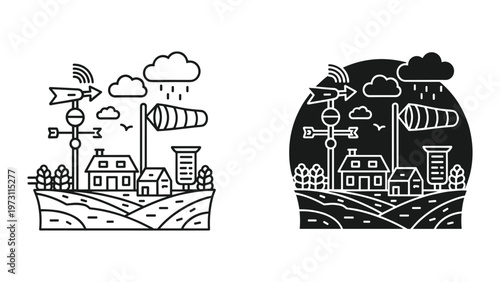 Two black and white illustrations of a rural landscape with a house and industrial elements on a rainy day with a weather vane and wind turbine in the background