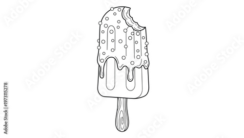 Black and white line drawing of a delicious chocolate dipped popsicle with sprinkles and a bite missing from top.