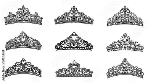 Comprehensive set of nine intricate black and white tiara designs features elegant swirls hearts and gemstone details.