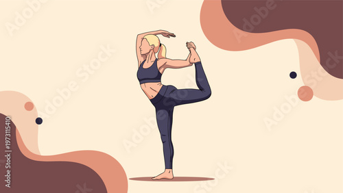 Athletic woman performs a dancer pose yoga stretch against a background of soft brown and beige abstract shapes.