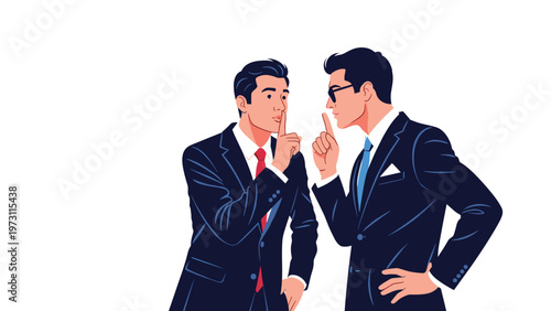 Two professional businessmen in suits make a shushing gesture to indicate secrecy or confidential information shared.
