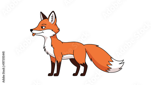Cute cartoon red fox stands and sticks its tongue out in a silly playful gesture against a plain white background.