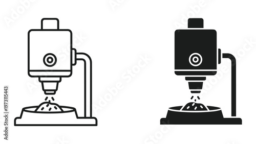 Two different colored icons of identical industrial machines dispensing materials into containers on a clean white background
