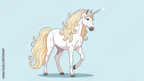 Majestic white unicorn with flowing golden mane and a sparkling horn walks gracefully across a soft blue background.