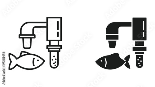 Two black and white illustrations of industrial pipes polluting a fish and its environment