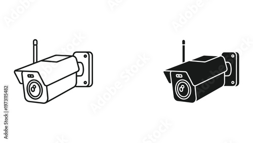 Two black and white security cameras are mounted on a wall for surveillance purposes