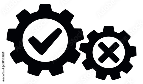 Modern silhouette gear icons set featuring checkmark and x-mark symbols for system status