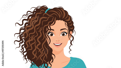 Close up portrait of a smiling young woman with voluminous dark curly hair tied back in a stylish high ponytail.