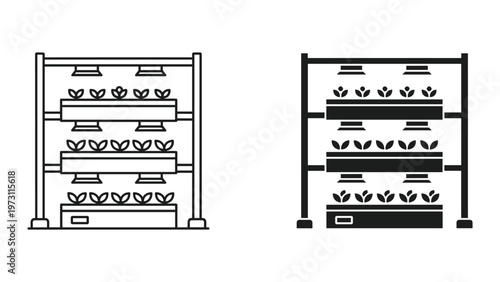 A detailed illustration of two identical shelving units with plants growing in them one in outline form and the other in solid black on a white background