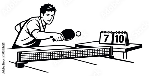 Retro graphic illustration of a man playing table tennis depicting a game for sports