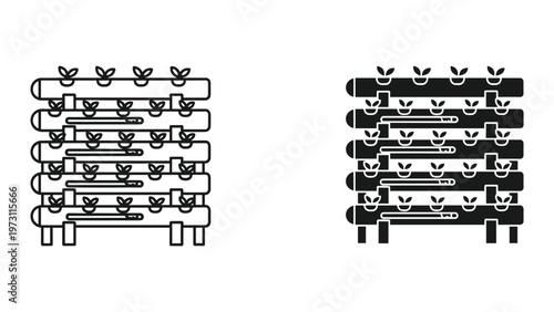 A black and white illustration of two identical hydroponic systems with plants growing in pots on horizontal pipes one in a light outline style and the other in a solid filled style