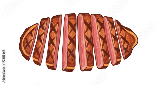 Succulent Sliced Grilled Steak with Perfect Grill Marks, A Delicious Culinary Delight on a White Background