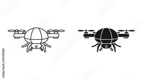 A line drawing and a silhouette of a drone with four rotors are shown side by side on a white background