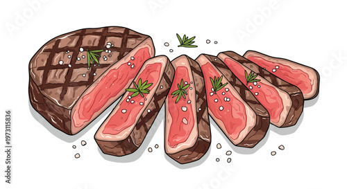 A Perfectly Grilled and Sliced Steak Garnished with Fresh Rosemary and Coarse Sea Salt on a White Background, Hand-Drawn Style