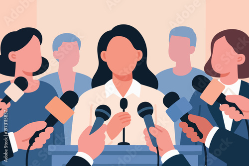 Press conference podium with speaker and multiple microphones from reporters, stylized vector illustration.