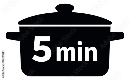 Simple graphic illustration of a cooking pot depicting a five minute timer for recipe instructions