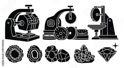 Vintage gem cutting machinery and polished stones in black silhouette