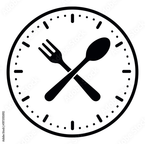 Graphic illustration of a clock with crossed fork and spoon depicting meal time for dining schedules