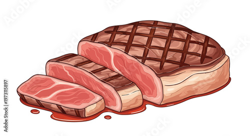 Juicy Sliced Grilled Steak with Dripping Red Juices on White Background Illustration
