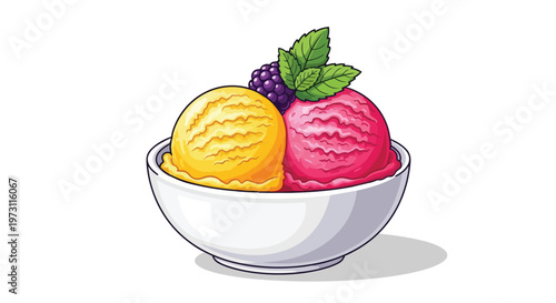 Delicious twin scoops of vibrant ice cream with blackberry and mint garnish in a classic white bowl presented on a subtle shadow