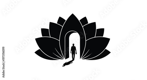 Silhouette of a person walking through an arched doorway framed by a lotus flower, symbolizing enlightenment and new beginnings.