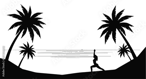 Serene woman practicing yoga on a tropical beach at sunrise with palm trees