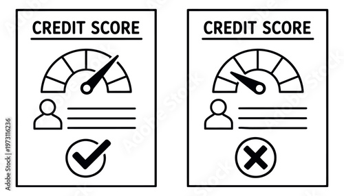 Line art credit score set featuring good and bad credit score indicators with a gauge and user profile for banking and finance