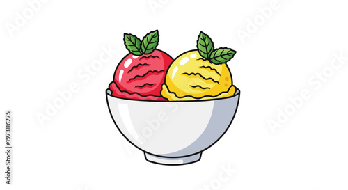 Charming cartoon illustration of two delectable ice cream scoops in a white bowl, garnished with fresh mint leaves