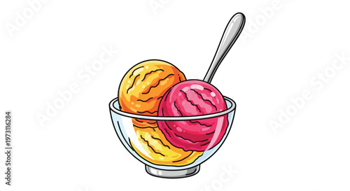 Vibrant scoops of frozen dessert presented in a clear glass bowl with a shining metallic spoon, a delightful treat
