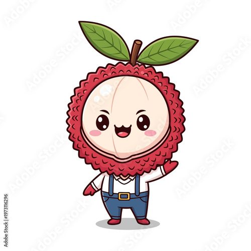 Cute chibi lychee fruit character mascot wearing white shirt and blue overalls waving. Featuring red textured skin, white pulp face, and green leaves isolated on white background.