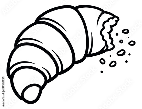 Cartoon line art illustration of a croissant depicting a partially eaten pastry with crumbs for food and breakfast designs
