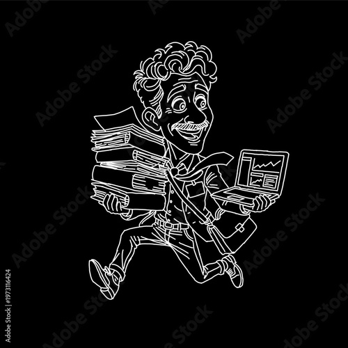 Minimalist white line art of a man running with a stack of books and laptop. Energetic professional in a hurry on black background. Creative vector for education and busy multitasking lifestyle.