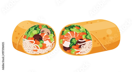 Vibrant illustration of two delicious shrimp and vegetable burritos, bursting with fresh ingredients and colorful textures, a culinary delight