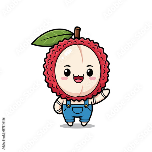 Cute chibi lychee fruit character mascot with a smiling face and red textured shell, wearing blue denim overalls and waving, isolated on a white background for design projects.