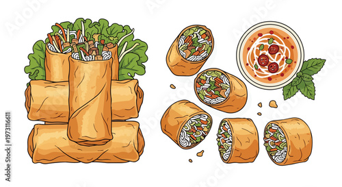 Vibrant Hand-Drawn Illustration of Crispy Spring Rolls with Dipping Sauce and Fresh Greens