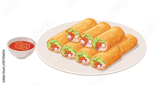 Crispy golden spring rolls with a side of savory dipping sauce arranged artfully on a white plate for a delightful culinary presentation