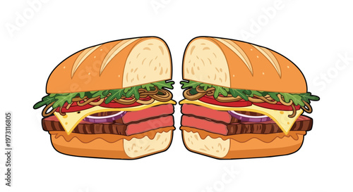 Double Decker Submarine Sandwiches with Abundant Fillings and Toppings displayed side by side in a symmetrical arrangement and isolated on a white
