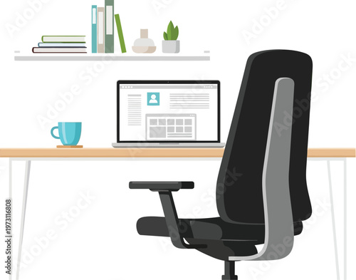 Modern home office workspace with laptop computer and chair