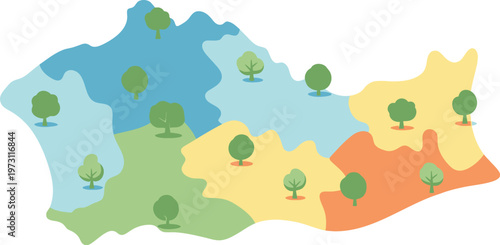 Colorful map with trees on different terrains