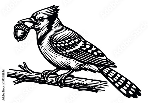 Woodcut style illustration of a blue jay depicting holding an acorn while perched on a branch for nature themed designs