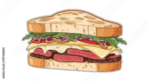 Deliciously Stacked Hearty Sandwich Illustration Featuring Slices of Roast Beef Melted Cheese and Fresh Greens on Toasted Bread