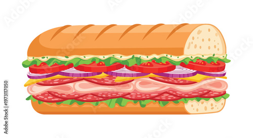 Artistic representation of a meticulously layered deli sandwich bursting with vibrant ingredients and textures