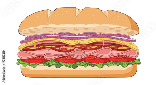 Delectable Sub Sandwich Illustrated with Layers of Savory Meats, Cheese, Fresh Vegetables and Toasted Bun on White Background