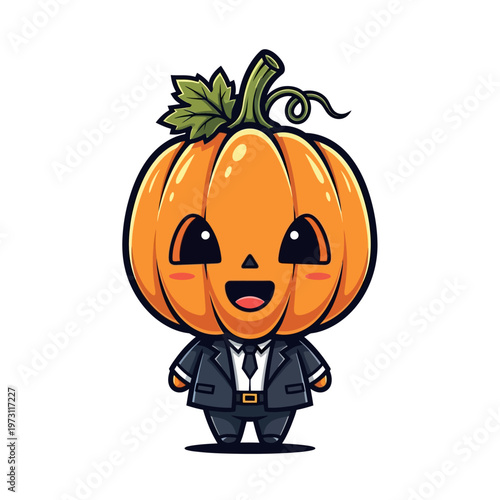 Vector illustration of a cute chibi character with a large orange pumpkin head wearing a formal business suit and necktie, smiling jack-o-lantern face, isolated on white background.