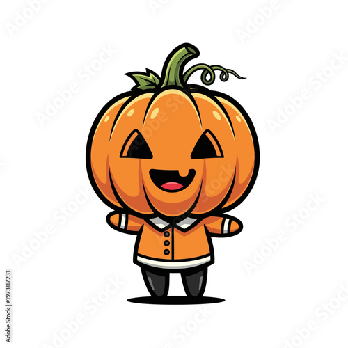 Chibi style cartoon character with an orange Jack-o-lantern pumpkin head, smiling face with triangular eyes, wearing a matching orange shirt and black pants, isolated on white.