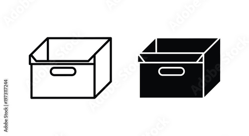 Two simple storage boxes one white and one black in outline silhouette
