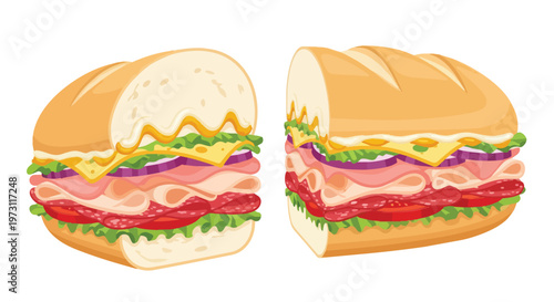 Delectable layered sub sandwich halves showcasing fresh ingredients and vibrant colors, a visual feast for food enthusiasts