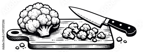 Hand drawn line art illustration of cauliflower and a knife on a cutting board depicting vegetable preparation for cooking